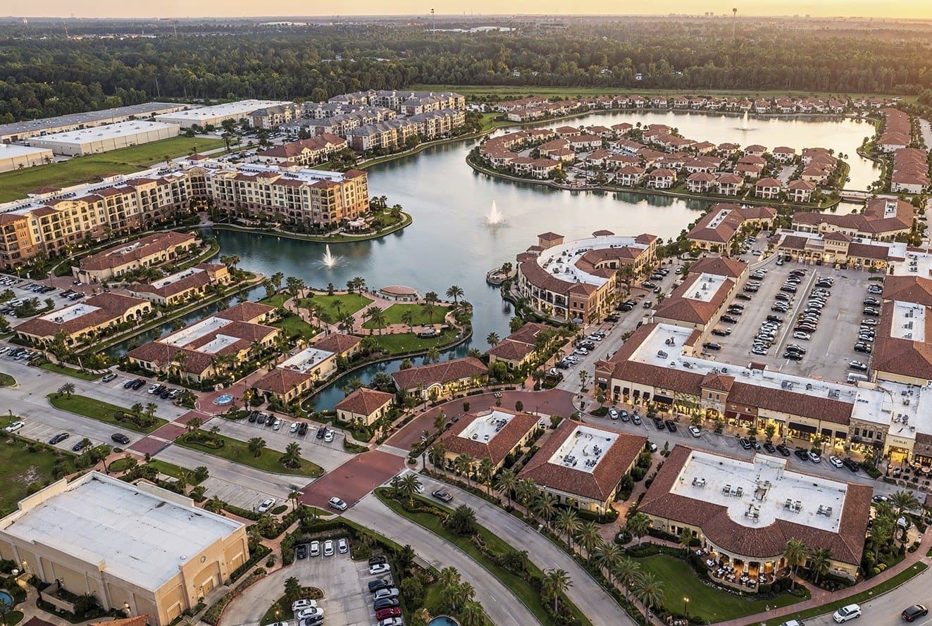 Aerial view of the Cathedral Lakes waterfront community at sunset