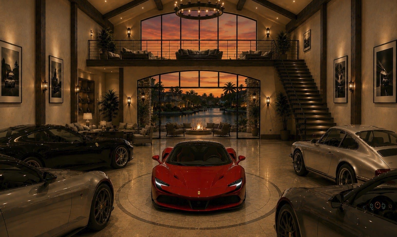 Private showroom interior with exotic cars displayed beneath a mezzanine lounge, looking out to the waterfront at sunset