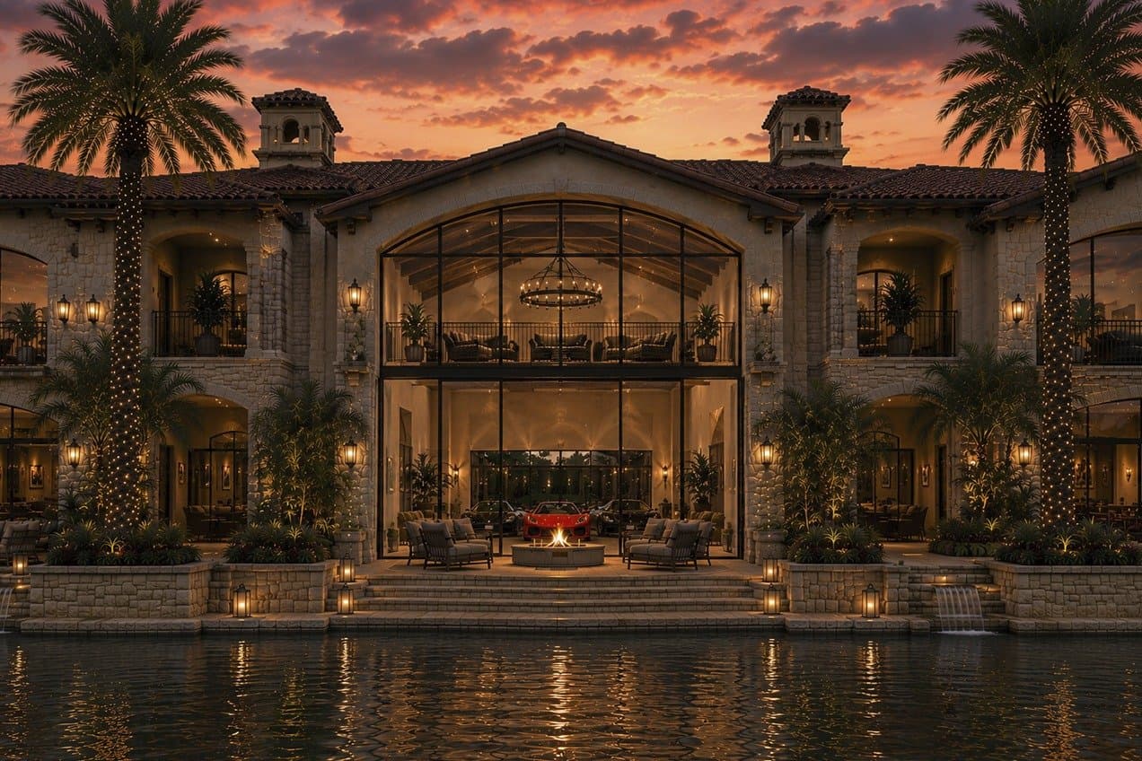 Mediterranean-style waterfront showroom with expansive glass, palm trees, and evening lighting reflected in the lake